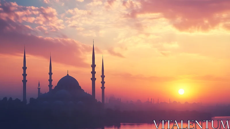 Sunrise paints a tranquil mosque skyline in soft pastel light