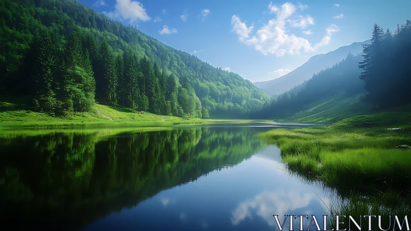 Calm forest lake reflecting green hills and blue sky.