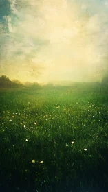 Sunlit meadow stretching softly beneath a dreamy sky.
