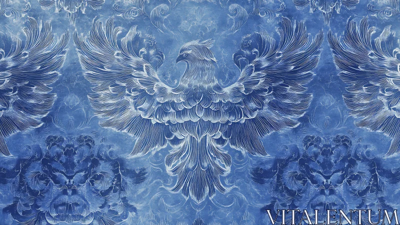 Majestic Phoenix Line Art on Elegant Blue Ornamental Background.