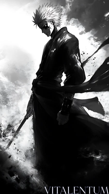 Monochrome anime swordsman in high-contrast ink turbulence.