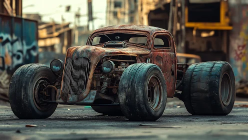Rustic rat rod hot rod dominates an urban wasteland street.