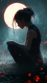 Moonlit girl rests quietly amid glowing red petals