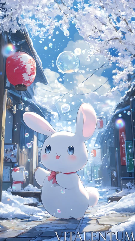 Snowy lane daydream with a cheerful bubble-chasing bunny.