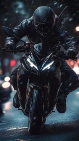 Armored night rider races through neon city rainstorm.
