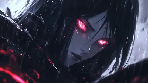 Rain-drenched shadow watches with storm-bright crimson eyes