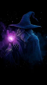 Mystic wizard holding glowing purple orb in deep space.