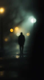 Soft streetlights guide a lone walker through misty night