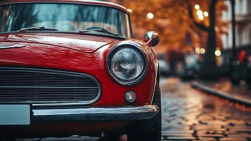 Bright red vintage car enjoys a quiet autumn city street