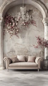 Romantic blush sofa under vintage arch with soft florals.