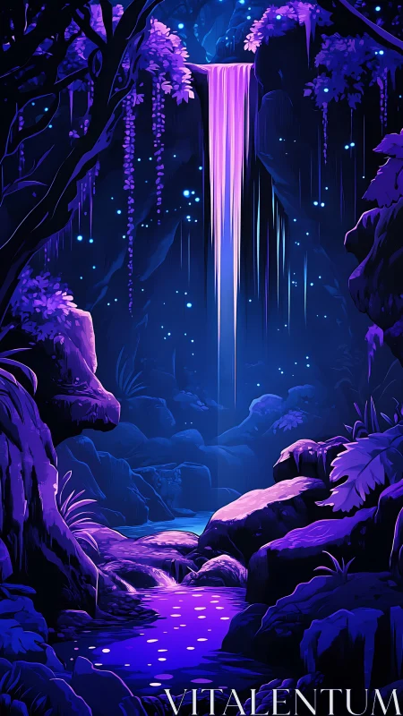 Vertical waterfall flows into illuminated forest pool