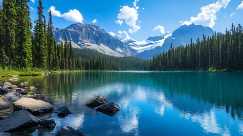 Alpine lake mirrors snowy peaks in a calm mountain morning.