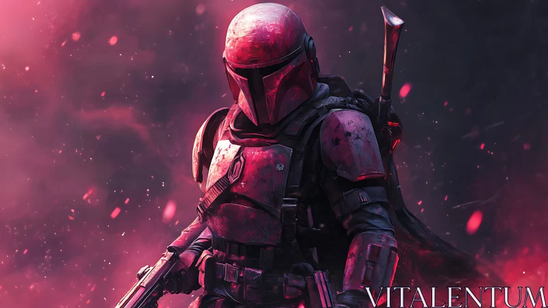 Armored bounty hunter in neon magenta smoke, digital painting.