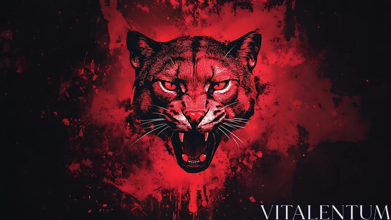Fierce Cougar Roars in Intense Red Splatter.