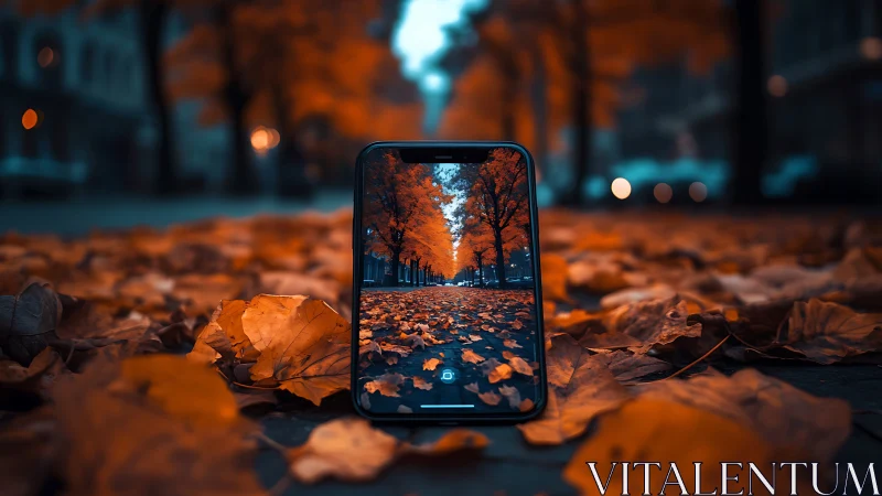 Smartphone Screen Captures Autumn Park Scene with Fallen Leaves.