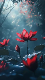 Red aquatic flowers stand in diffused forest backlighting