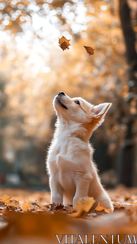 Golden puppy watching falling leaves in autumn forest.