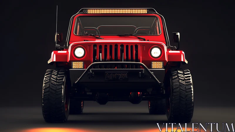 Red off-road SUV front view with rugged lighting setup.
