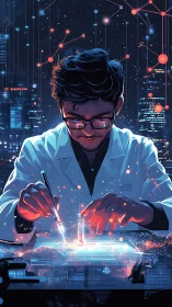 Cybernetic lab scientist manipulating luminous data substrate.