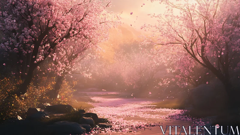 Cherry blossom trees line a soft-lit stream at sunrise