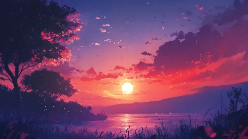 Sunset fills stylized lakeside landscape with vivid gradients