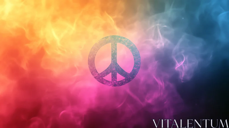 Peace symbol drifting through prismatic cosmic smoke clouds.
