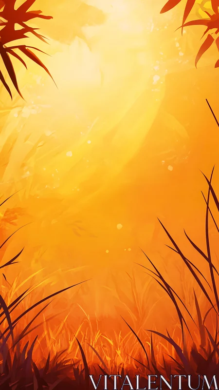 Backlit grassland silhouette under strong orange light.
