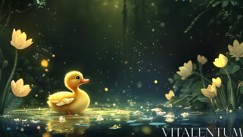 Golden duckling glides through bioluminescent forest pond glow