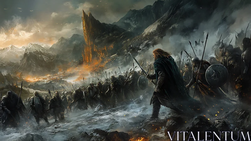 Armored warriors confront foes before a burning mountain citadel.