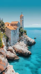 Coastal Orthodox Church on Clifftop with Turquoise Sea
