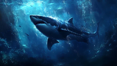 Great white shark glides through luminous deep ocean scene.