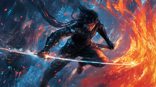 Dynamic swordsman channels elemental fire in kinetic digital art