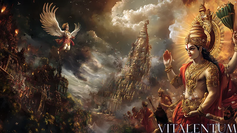 Divine battlefront ignites beneath storm-wreathed celestial towers.