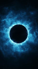 Solar eclipse core framed by electric blue plasma ring.