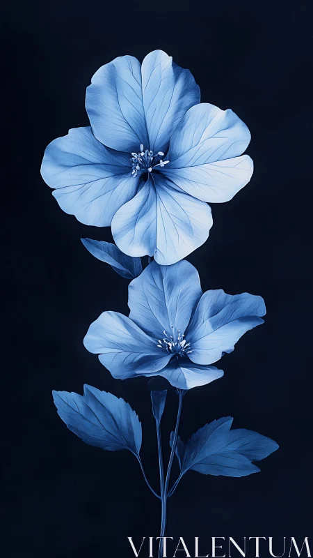 Blue Botanical Study: Dual-Flower Stem Against Dark Ground.