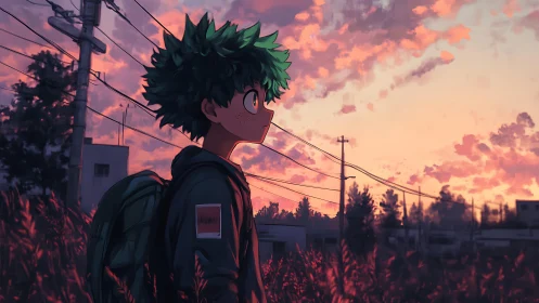 Anime youth observing power lines under saturated sunset sky