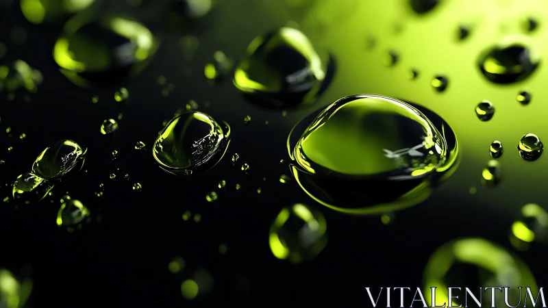 Neon green liquid droplets form sharp reflections on black