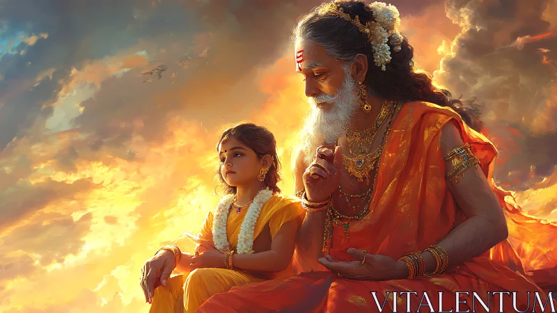 Elder sage guides child in radiant, mythic sunset sky scene.
