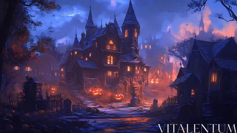 Haunted hill manor glows with carved pumpkin lanterns.