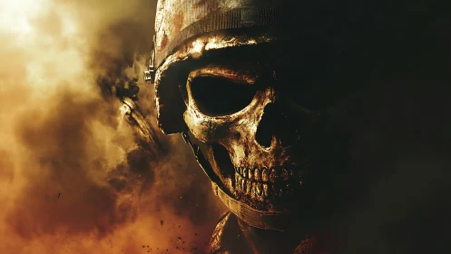 Burnished skull soldier emerging from molten battle smoke.