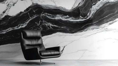 Marble storm horizon cradles sleek black lounge chair.