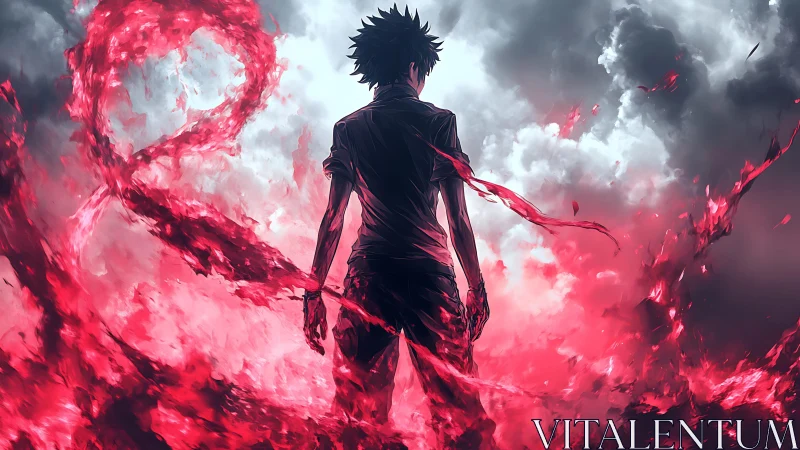 Silhouetted figure amid red energy against storm clouds.