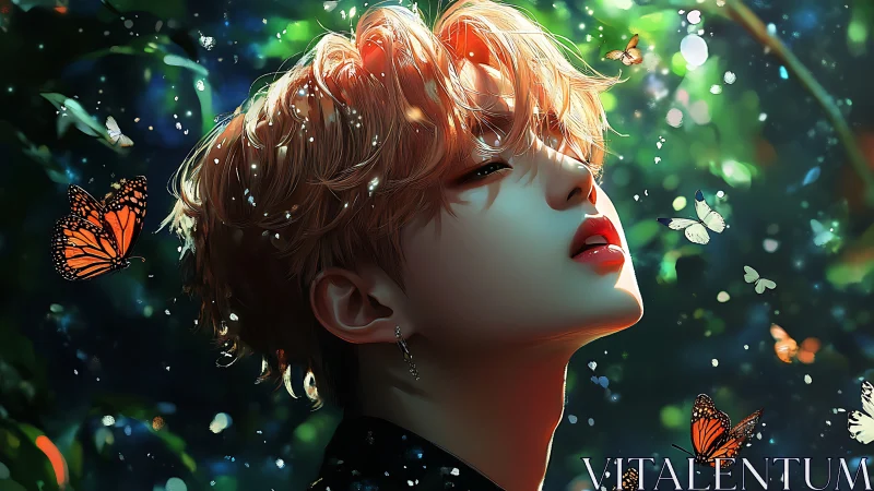 Velvet dusk portrait with butterflies and neon forest hush.