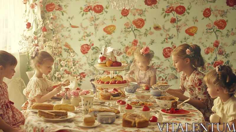 Joyful girls share a flower-filled tea party table together