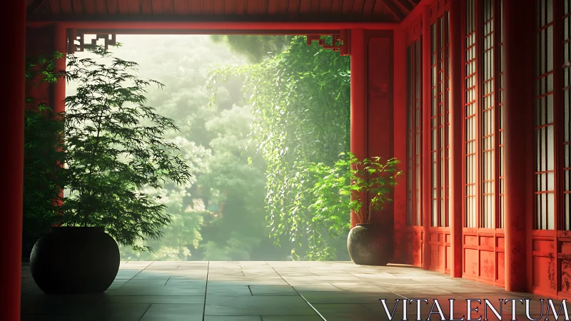 Sunlit red veranda with potted foliage and volumetric forest haze