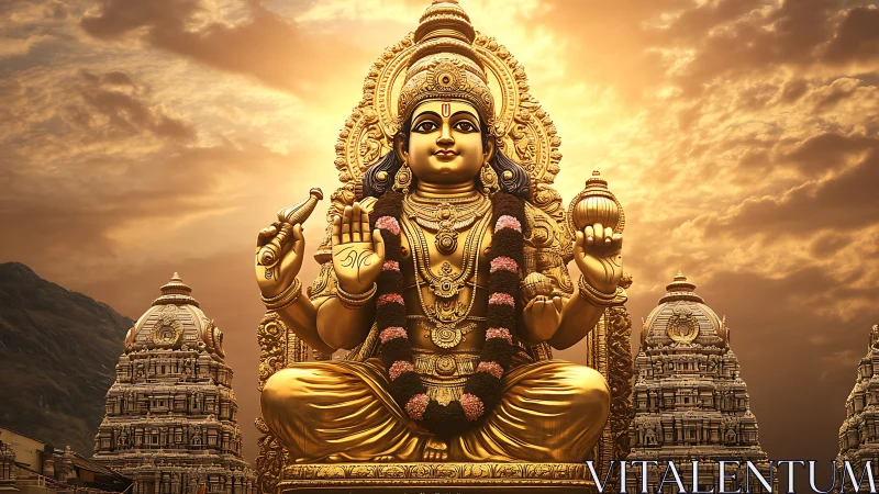 Golden Hindu deity statue glows above ornate temple towers