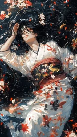 Kimono-clad woman immersed in dark water with koi and foliage