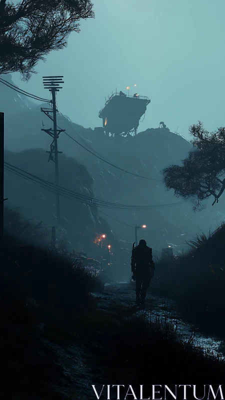 Lone soldier advances toward misty cliffside fortress at dusk.