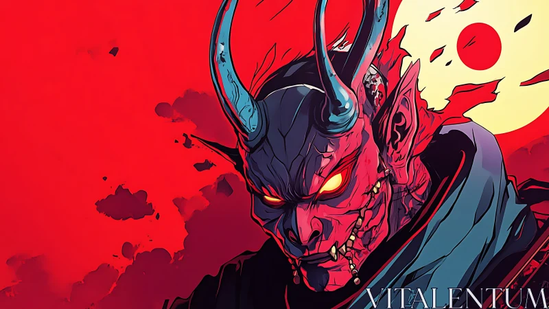 Demonic warrior glares against a blood-red burning sky