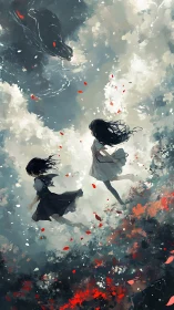 Twin girls suspended in storm-torn clouds with looming dragon form